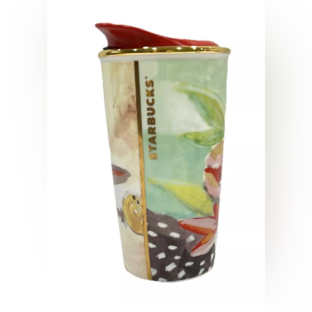 2014 Starbucks Watercolor Floral 10 oz Ceramic Traveler Tumbler Gold Rim Red Lid